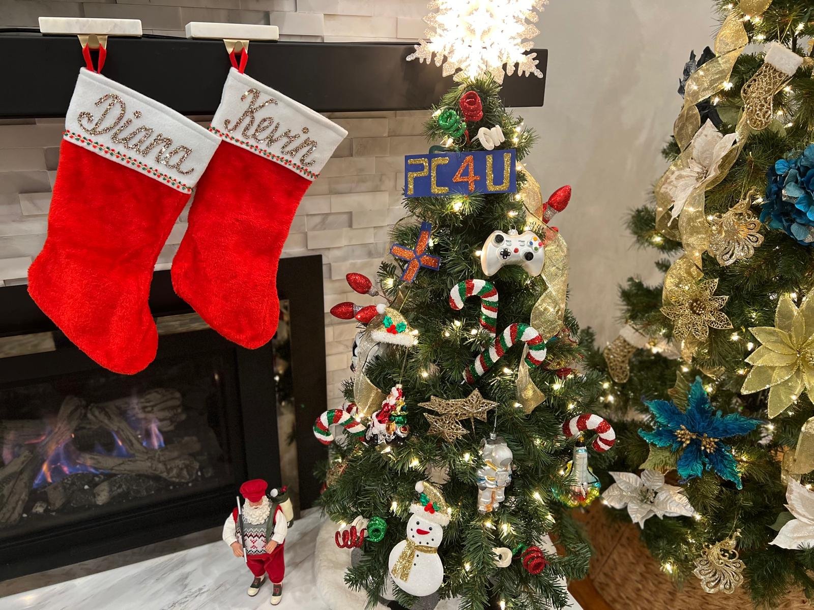 Personalized holiday stockings on a Christmas tree